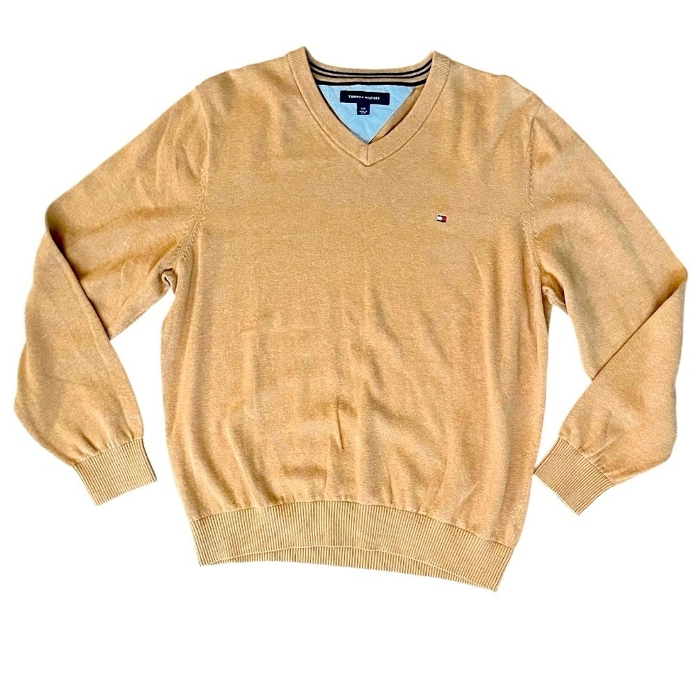 Tommy Hilfiger Men's v-neck gold sweater size Large Preppy classic cotton layer